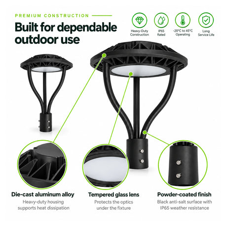 Black selectable-wattage LED post top light with die-cast aluminum body, tempered glass lens, and IP65 rating