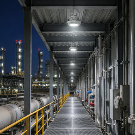 Row of 60W C1D1 round LED high bay lights delivering 8,100 lumens of 5000K illumination along a refinery walkway.