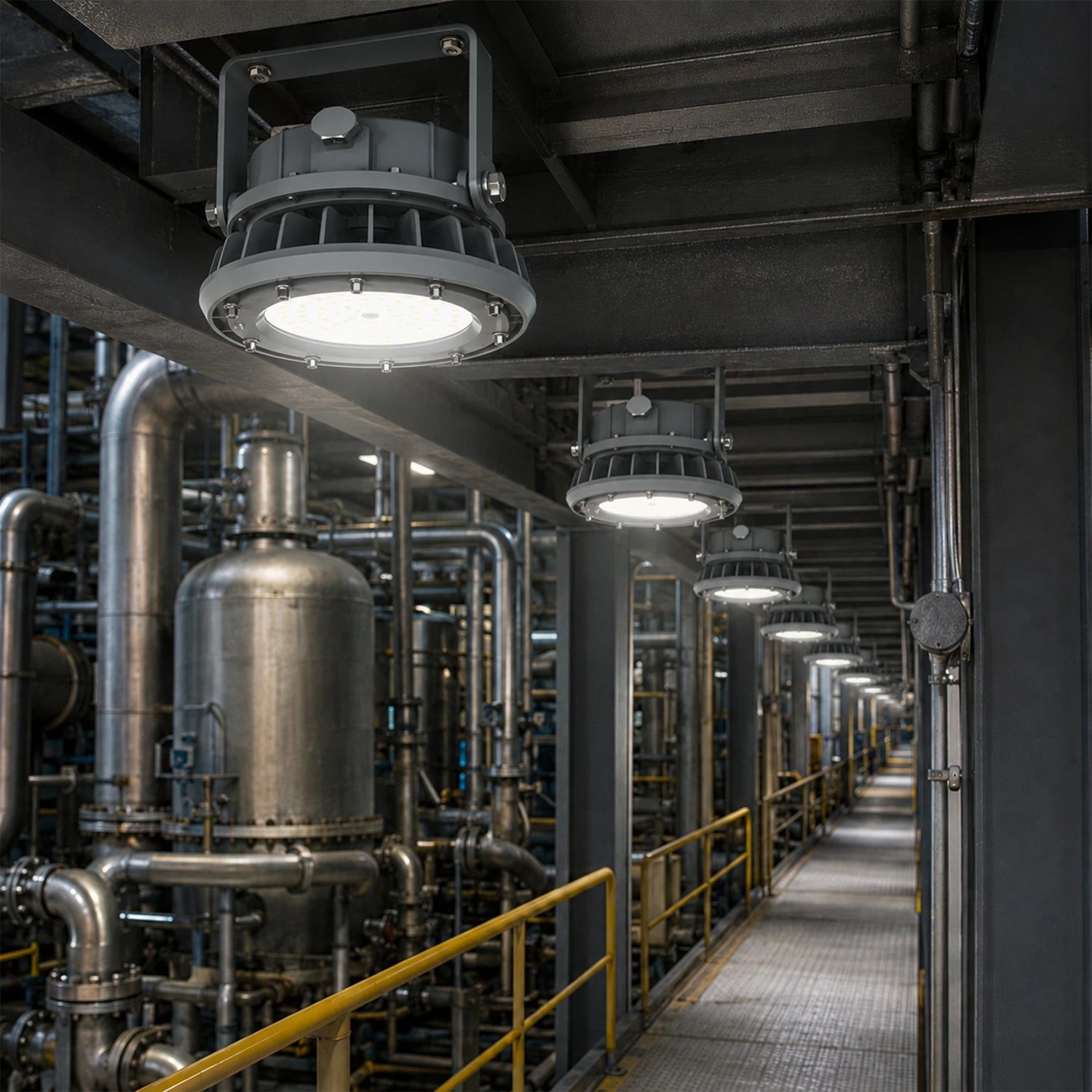Row of 60W C1D2 round LED explosion proof high bay lights illuminating an industrial plant corridor.