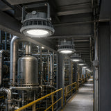 Row of 60W C1D2 round LED explosion proof high bay lights illuminating an industrial plant corridor.