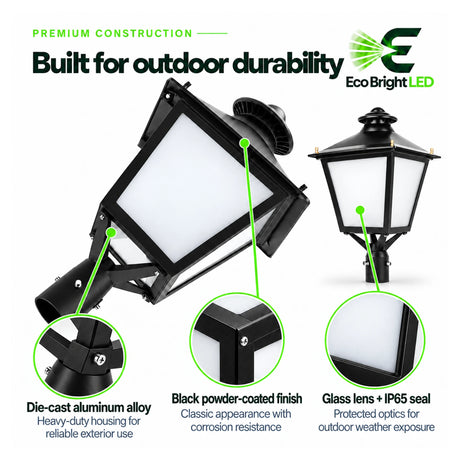 Black decorative LED post top light with glass lens, die-cast aluminum housing, powder coat finish and IP65 seal