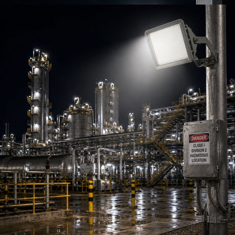 60W C1D2 square flood light illuminating a nighttime refinery work area with 4000K neutral white light.