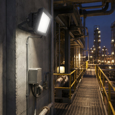 60W C1D2 square flood light illuminating a refinery walkway with 5000K daylight output.