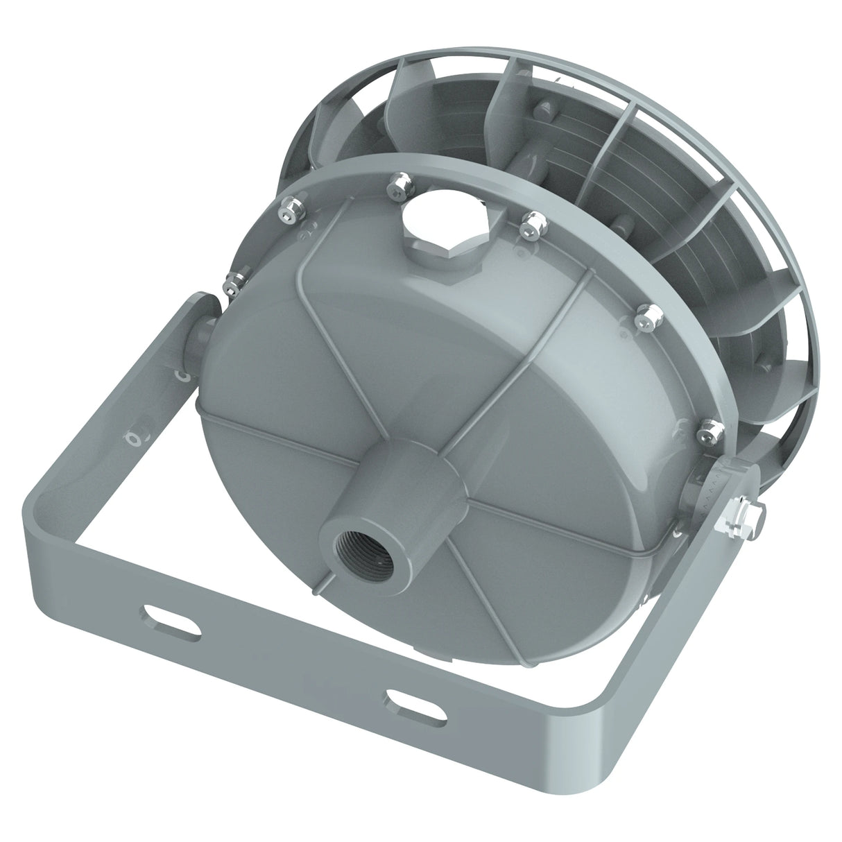 Rear aluminum heat sink of 60W C1D2 explosion proof LED high bay for efficient cooling in hazardous areas.