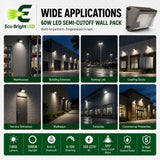 60W LED Semi-Cutoff Wall Pack 5000K shown in recommended commercial applications for efficient, reliable illumination.