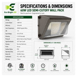 Dimensions and specifications for 60W LED Semi-Cutoff Wall Pack 5000K for, including measurements and performance data.