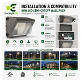 Installation and mounting details for 60W LED Semi-Cutoff Wall Pack 5000K, including compatibility and wiring guidance.