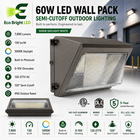 60W LED Semi-Cutoff Wall Pack 5000K for product overview with key specifications for commercial lighting applications.