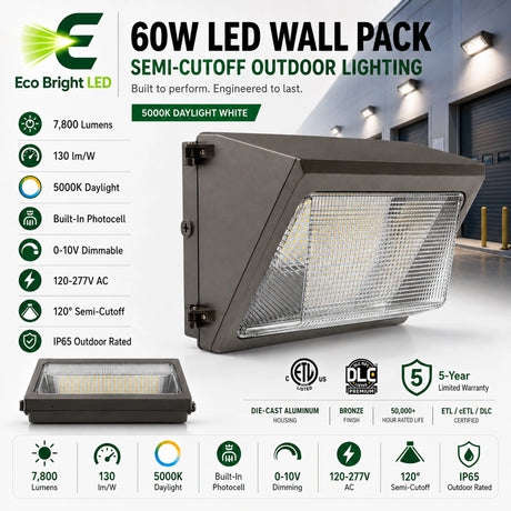 60W LED Semi-Cutoff Wall Pack 5000K for product overview with key specifications for commercial lighting applications.