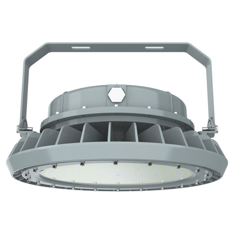 Bottom view of 400W C1D2 explosion proof LED high bay showing high-output optical lens and 65,163 lumens daylight chips.