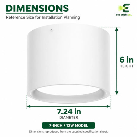White 7-inch 12W cylinder downlight dimension guide showing 6 in height and 7.24 in diameter