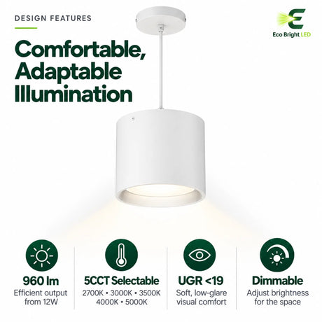 White 7 inch LED cylinder downlight showing 5CCT selectable, low-glare UGR under 19, and dimmable features
