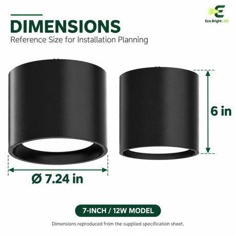 Black 7-inch 12W cylinder downlight dimensions showing 7.24-inch diameter and 6-inch height