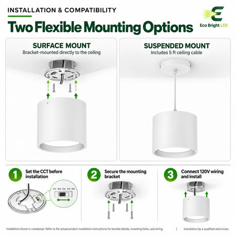 7 inch LED cylinder downlight with surface and suspended mounting options plus installation steps