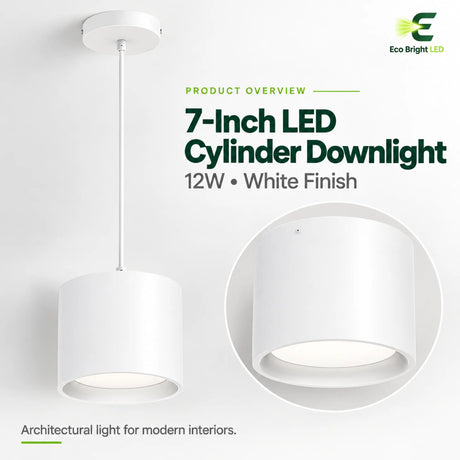 White 7-inch 12W LED cylinder downlight with round canopy and lit recessed lens for modern interiors