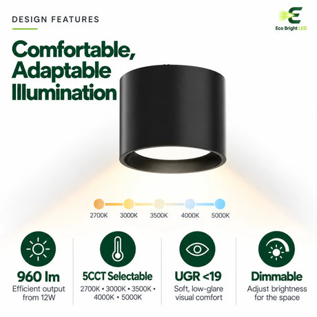 Black cylinder LED downlight showing 5CCT selectable color temperatures, low-glare comfort, and dimmable lighting