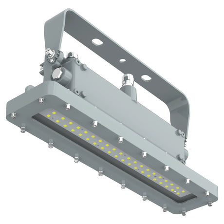 Front view of 50W C1D1 linear high bay LED light with metal safety grill and high-impact lens for industrial safety.