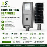Key performance and design features of 70W Solar LED Street Light 7200LM for Roads & for commercial lighting projects.
