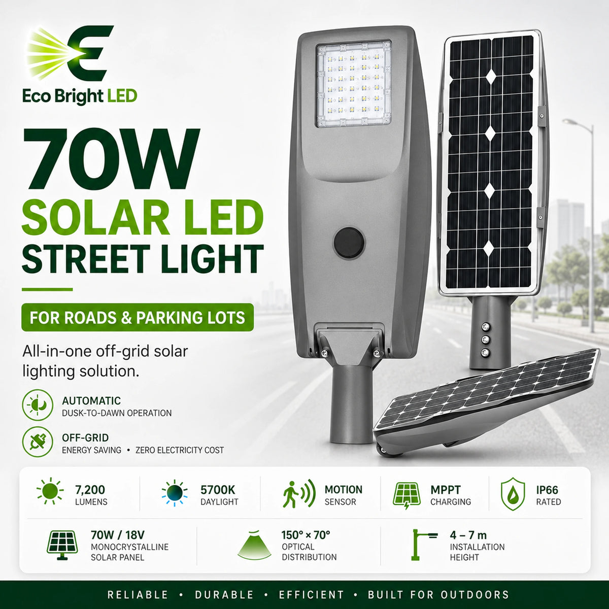 70W Solar LED Street Light 7200LM for product overview with key specifications for commercial lighting applications.