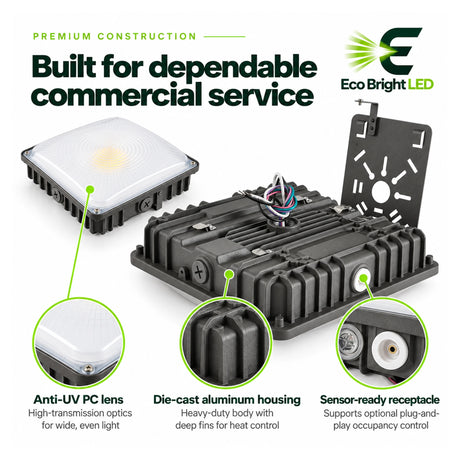 Square 30/45/70W LED canopy light with 3CCT and 0-10V dimming, diffuser, aluminum housing, and sensor-ready port