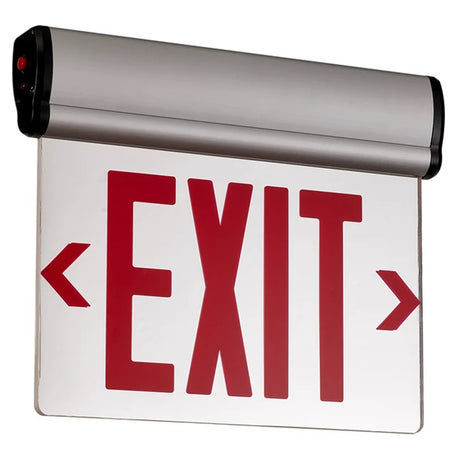 8-inch 4W red edge-lit exit sign with aluminum housing and directional arrows for commercial egress lighting