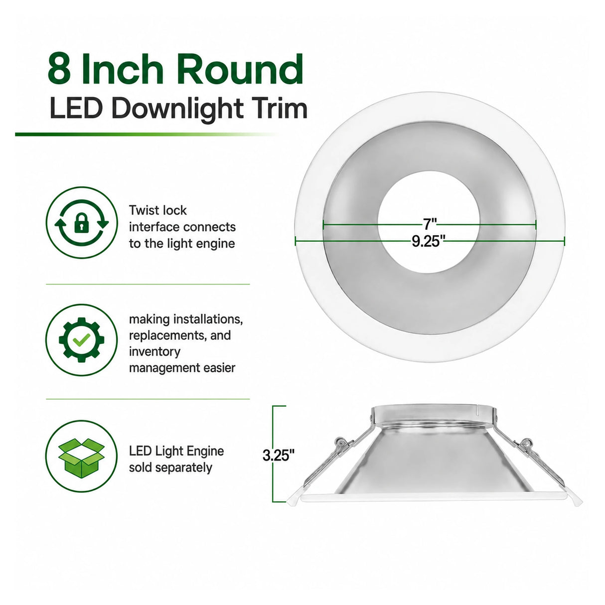8-inch round silver LED downlight trim with white outer ring, twist-lock interface, and side profile
