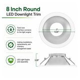 8-inch round silver LED downlight trim with white outer ring, twist-lock interface, and side profile