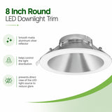 8-inch round LED downlight trim with matte silver aluminum reflector and glare control