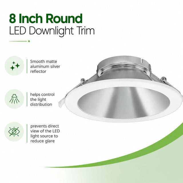 8-inch round LED downlight trim with matte silver aluminum reflector and glare control