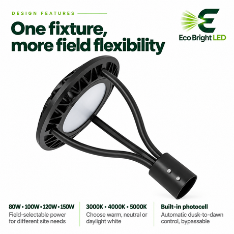 Black LED post top area light with selectable 80W, 100W, 120W, and 150W power, 3CCT settings, and built-in photocell