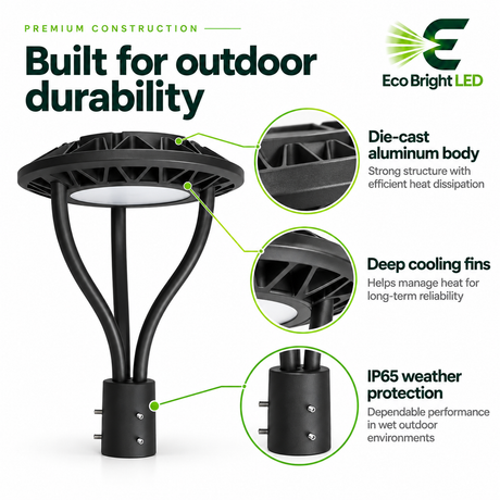 Black 80/100/120/150W 3CCT LED post top light for parks and roadways with die-cast aluminum body and IP65 protection