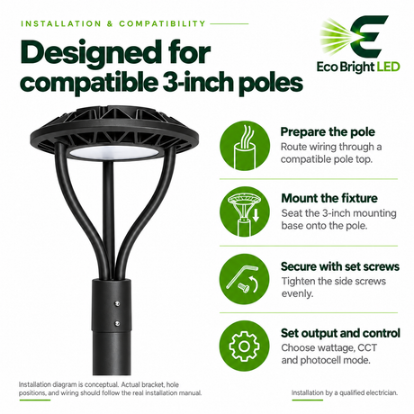 Black LED post top light installation guide for compatible 3-inch poles with selectable wattage, CCT, and photocell mode