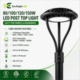 Key performance and design features of 80/100/120/150W LED Post Top Light 3CCT for for commercial lighting projects.