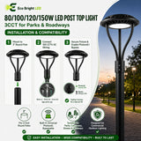 Installation and mounting details for 80/100/120/150W LED Post Top Light, including compatibility and wiring guidance.
