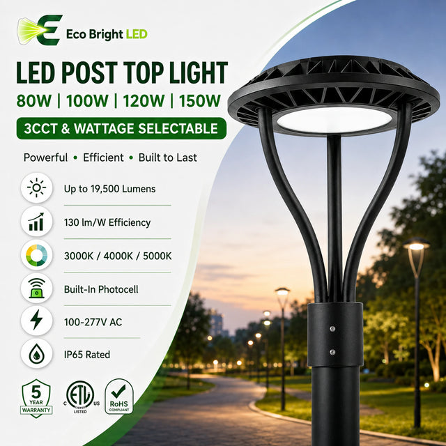 80/100/120/150W LED Post Top Light 3CCT product overview with key specifications for commercial lighting applications.
