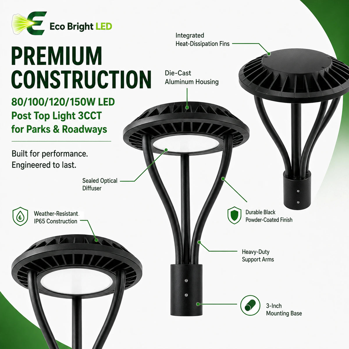 Housing, lens and construction details of 80/100/120/150W LED Post Top Light 3CCT for Parks for durable commercial use.