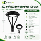 Dimensions and specifications for 80/100/120/150W LED Post Top Light 3CCT, including measurements and performance data.