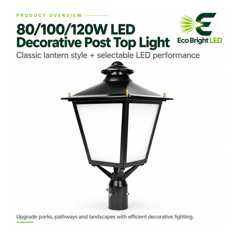 Black 80/100/120W LED decorative post top light with classic lantern styling for parks and pathways