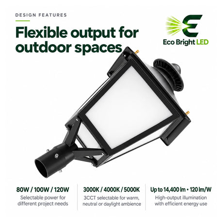 Black square LED decorative post top light with selectable 80W, 100W, and 120W power and 3CCT color selection