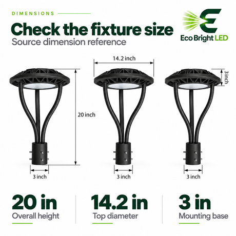 Black 3CCT LED post top light dimensions showing 20-inch height, 14.2-inch top diameter, and 3-inch mounting base