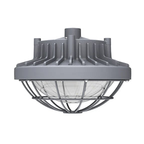 Gray round 80W explosion proof LED low bay light with clear lens and protective wire cage for hazardous areas