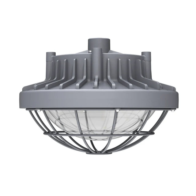 Gray round 80W explosion proof LED low bay light with clear lens and protective wire cage for hazardous areas