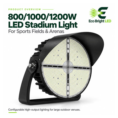 Black 800/1000/1200W LED stadium light with four-panel lens for sports fields and large outdoor venues