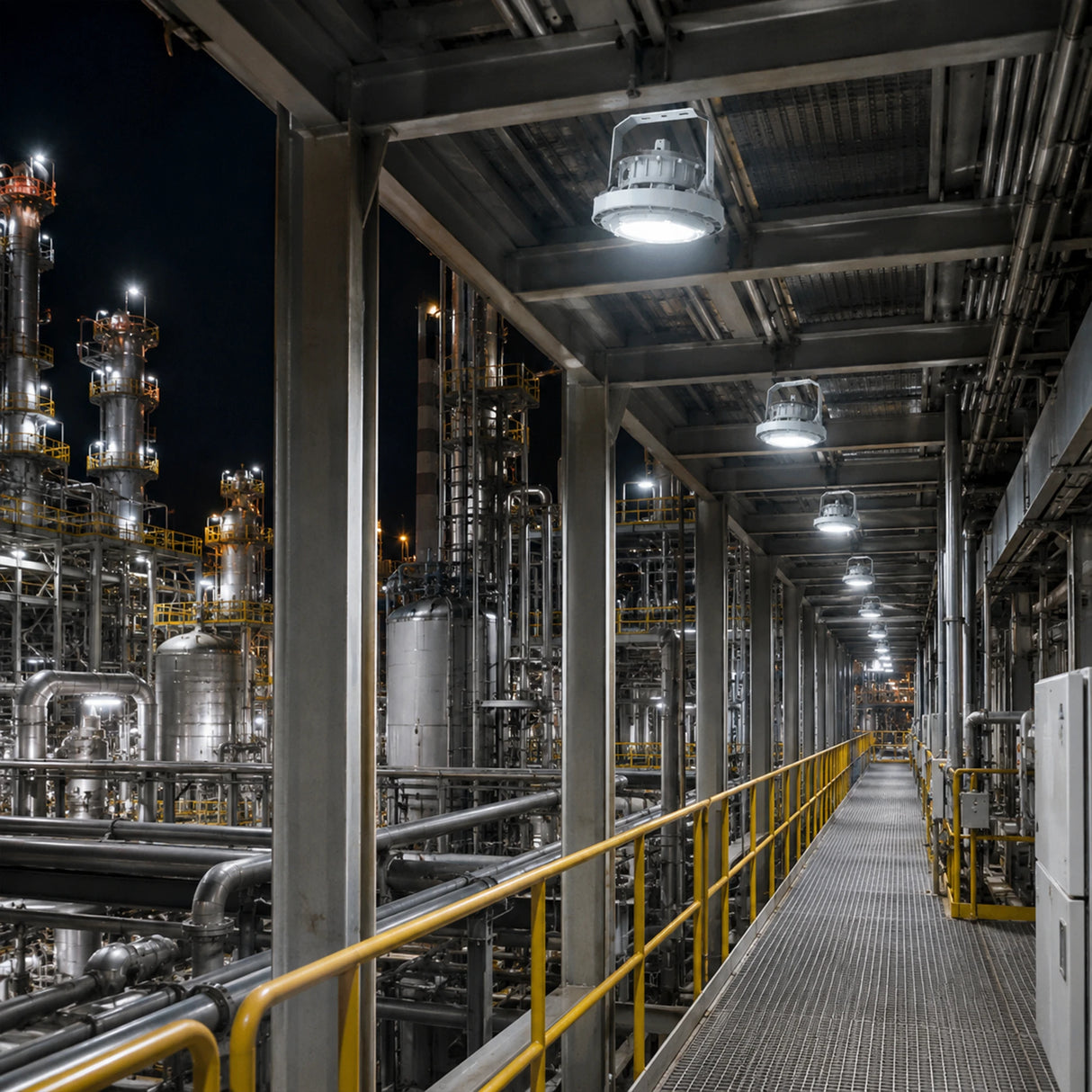 Row of 80W C1D1 round LED high bay lights delivering 10,800 lumens of 5000K illumination along a refinery walkway