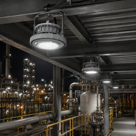 Row of 80W C1D1 round LED explosion proof high bay lights providing 4000K illumination in a refinery walkway.