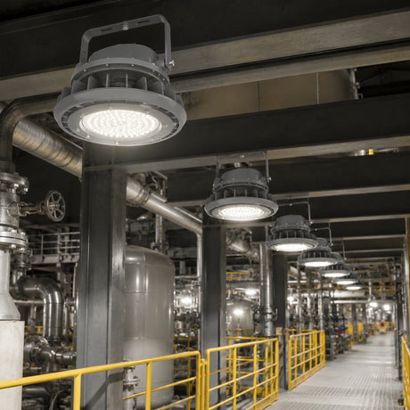 Row of 80W C1D2 round LED high bay lights providing 4000K neutral white illumination in an industrial plant.