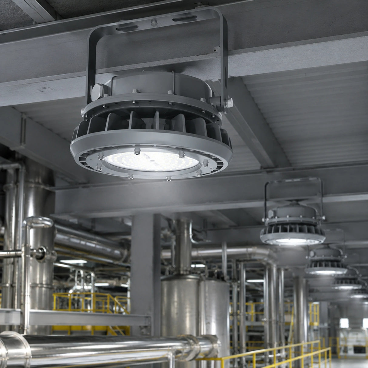 80W Class I Division II round LED high bay light illuminating a chemical processing factory interior.