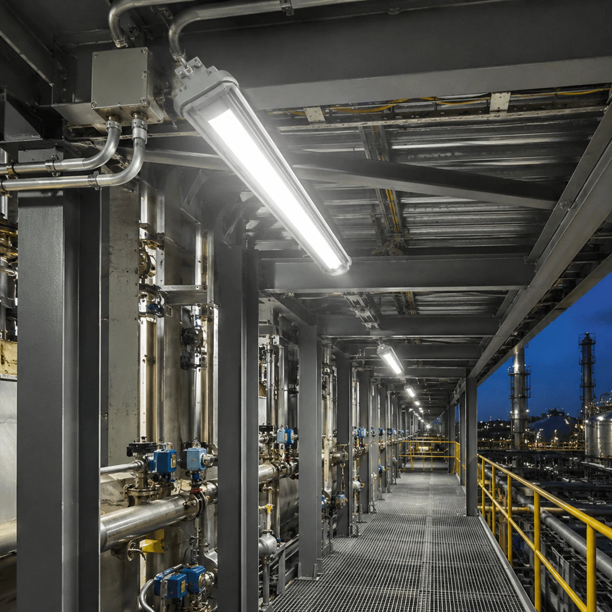 80W LED explosion proof linear light illuminating an industrial refinery walkway at night