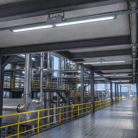 80W 11200lm 5000K 100-277V explosion-proof LED linear lights illuminate a wide industrial plant catwalk.