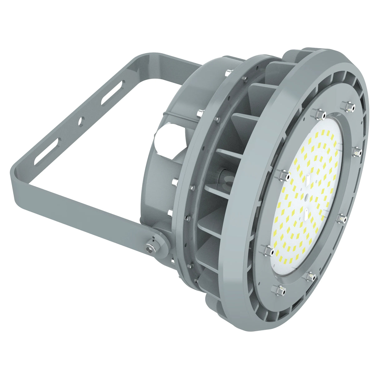 80W C1D2 LED explosion proof high bay with 10,800LM output and a heavy-duty adjustable steel mounting U-bracket.